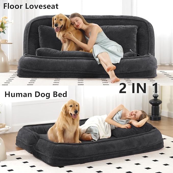 Foldable Lazy Sofa Bed, Chenille Upholstered Human Dog Bed for Adults, 2 in 1 Convertible Floor Sofa with 5 Adjustable Backrest Positions and Soft Cushions for Living Room (Black)