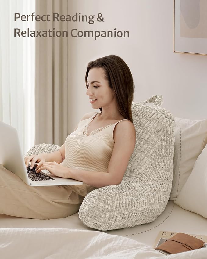 Blissful Diary Reading Pillow, Large Backrest Pillow with Shredded Memory Foam for Adult & Children, Designed for Bed and Couch Sitting Up, Includes Arms, Pockets and Washable Cover, Off White
