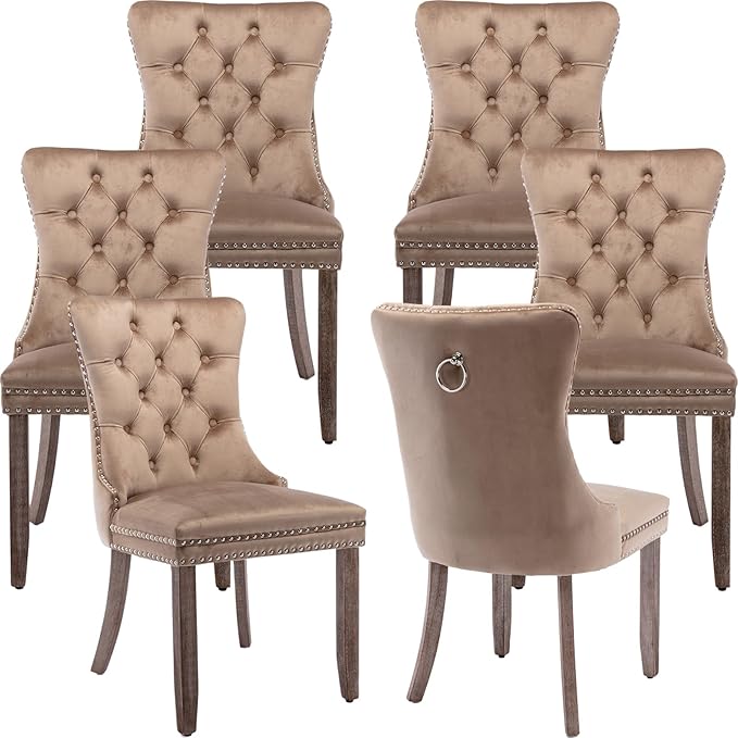 YeahFurn Espresso Brown Mid Century Modern Dining Chairs Set of 6, Velvet Upholstered Kitchen & Dining Room Chairs with Nailhead Trim & Solid Wood Legs, Elegant Sillas De Comedor (Coffee, 6 Pcs)
