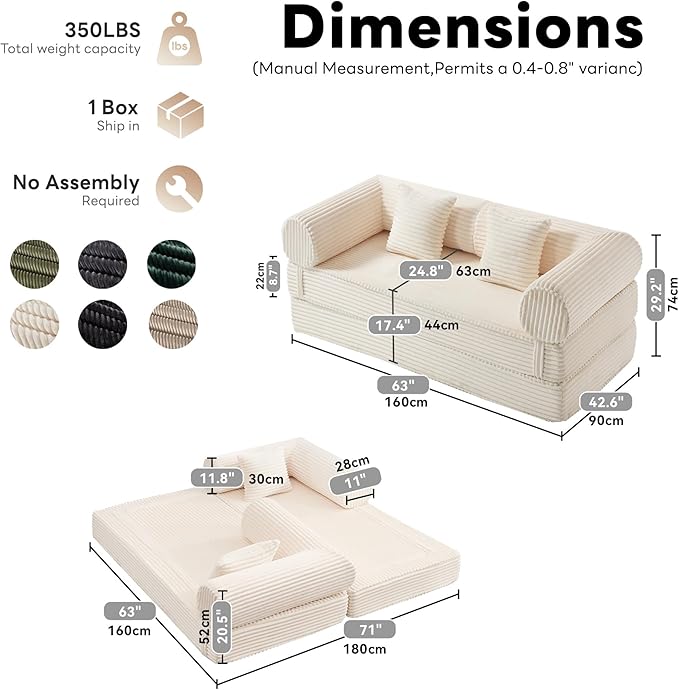Tbfit 63'' Folding Boneless Couch, Convertible Loveseat Sofa Bed, Corduroy Futon Mattress Sleeper Sofa, Comfy Foldable Upholstered Floor Couches for Living Room, Beige