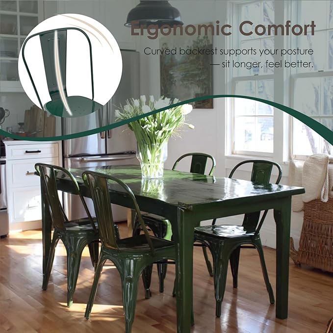 Metal Dining Chairs Set of 4,Stackable Tolix Chair Indoor/Outdoor for Kitchen,Cafe,Restaurant,Bistro & Patio Multiple Colors(Dark Green)