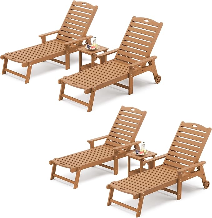 LUE BONA Chaise Lounge Chair with Table, 6-Piece, HDPS Chaise Lounger, 5 Positions Adjustable Lounge Chairs, Pool Lounge Chair with Wheels for Poolside, Backyard, Teak Color