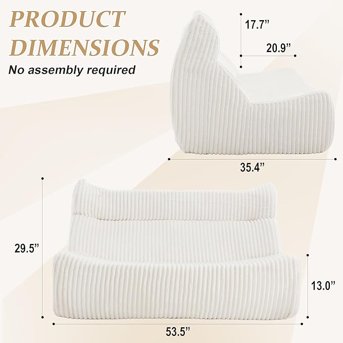 Bean Bag Chairs, Giant Bean Bag Chair for Adults, Memory Foam Lounge Chair, Comfy Lazy Floor Chair, Bean Bag Sofa for Living Room, Bedroom and Office, Loveseat Bean Bag (White)