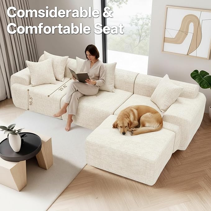 119’’ Modular Sectional Sofa Couch with Chaise, Deep Seat Cloud Couch for Living Room, Modern Chenille Upholstered Sectional with Throw Pillows, Compression Modular Sofa for Apartment Bedroom, Beige