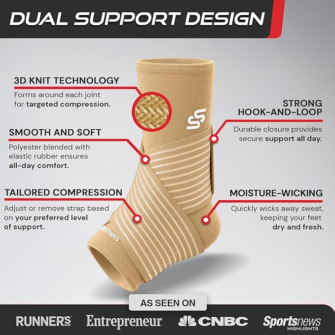 Sleeve Stars Ankle Brace for Women & Men, Ankle Wrap for Sprained Ankle, Compression Sleeve for Plantar Fasciitis Relief, Easy Customizable Support: w/Removable Strap (Single/S:9"-10"/Beige)