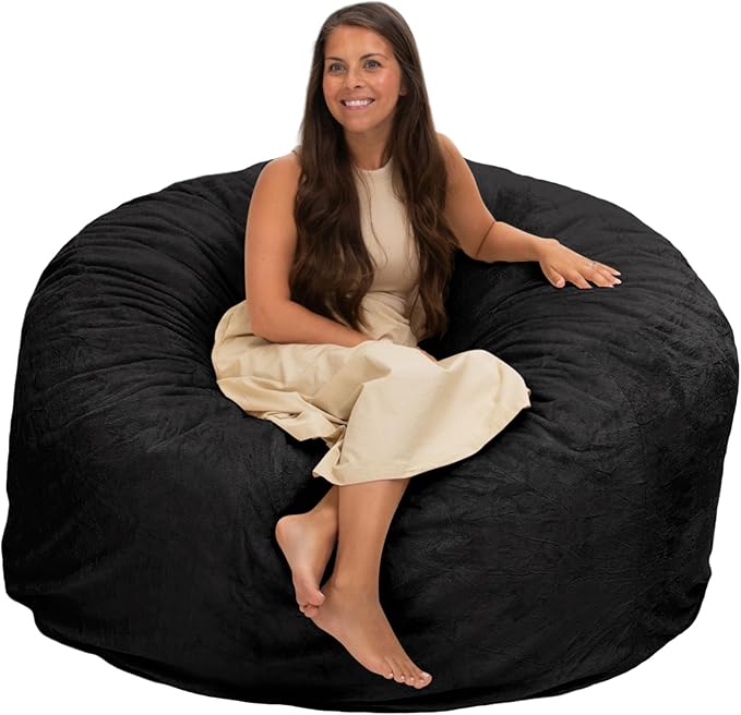 ULTIMATE SACK 5000 5-Foot Bean Bag Chair, Black Fur Cover – Oversized Foam Lounger, Floor Seat, Small Sofa, or Couch Bed for Living Area, Gaming Room, or Reading Lounge