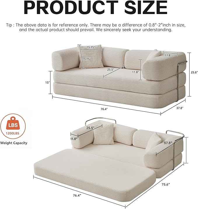 KEIKI 75" Modern Floor Sofa Bed with Convertible Blanket Pillow,Enhanced Frame Stability,Compressed Couch for Living Room Bedroom