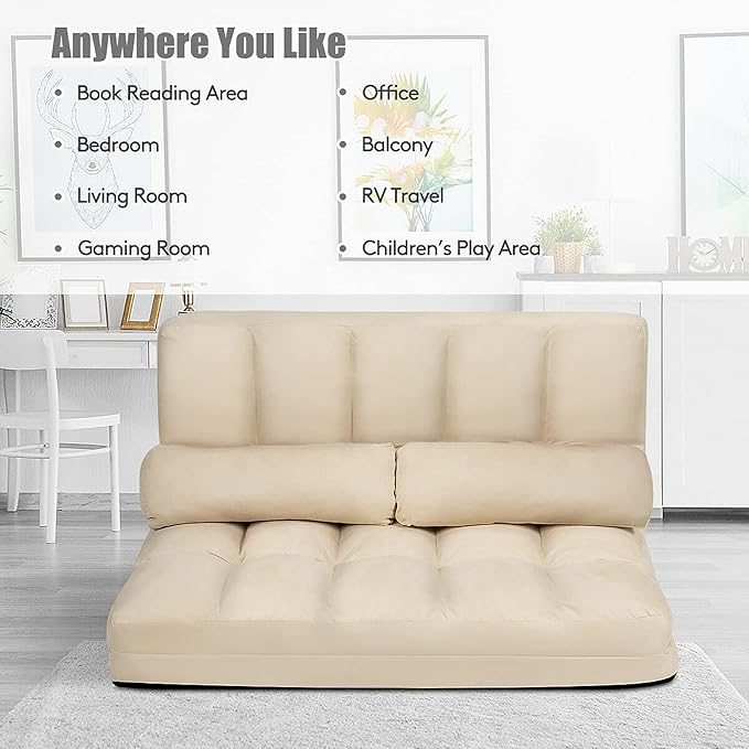 DORTALA Foldable Floor Sofa, 6-Position Adjustable Lounge Couch with 2 Pillows & Suede Cloth Cover, Modern Lounge Mattress Video Gaming Lazy Couch, Suede Floor Seating Sofa, 71" x 44.5", Beige
