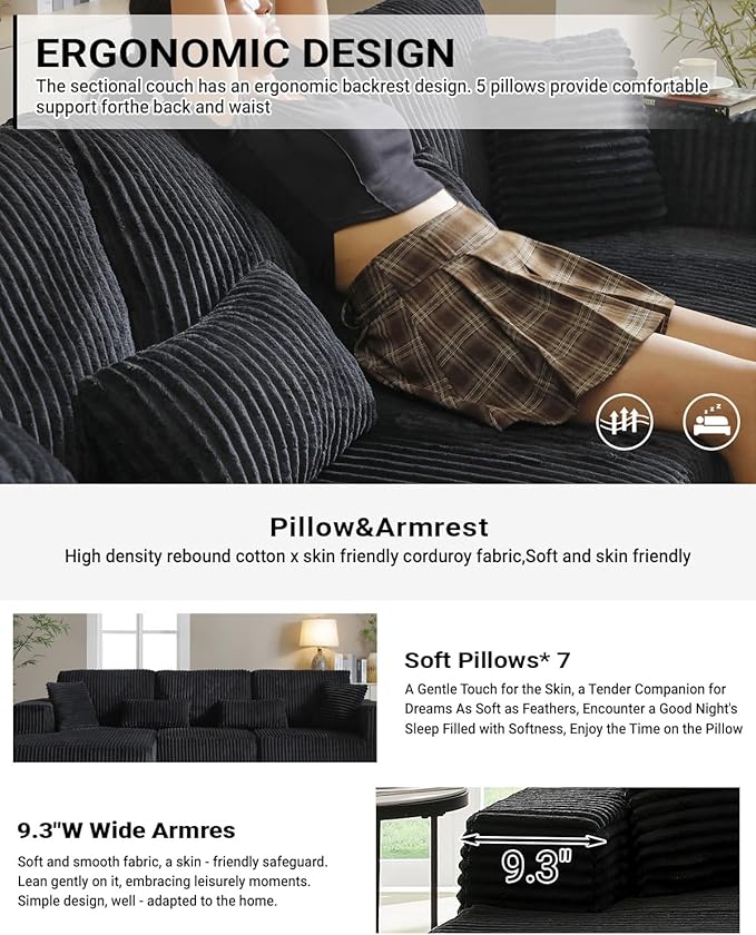 110" Cloud Sectional Couch, Modular Sectional Sofa with Deep Seat, Corduroy Upholstered Boneless Couch for Living Room Bedroom, Left Facing Chaise (Black, 110" Left Facing Chaise)