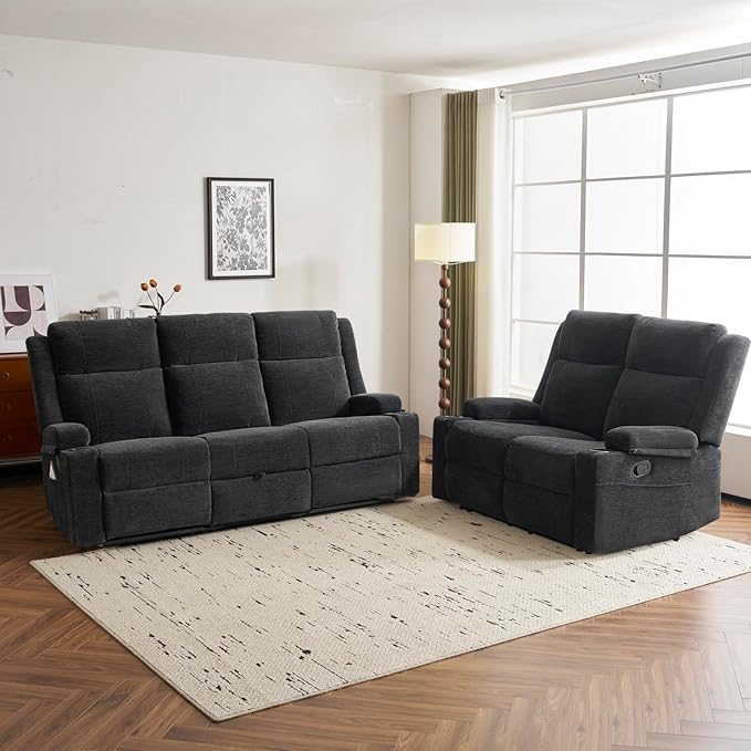 PALLOME 2 Piece Living Room Sofá Set, Modern Chenille Reclining Sofa Set with Convertible Center Console & Storage Ottoman, Space-Saving Couch for Home/Bedroom/Apartment (Black)