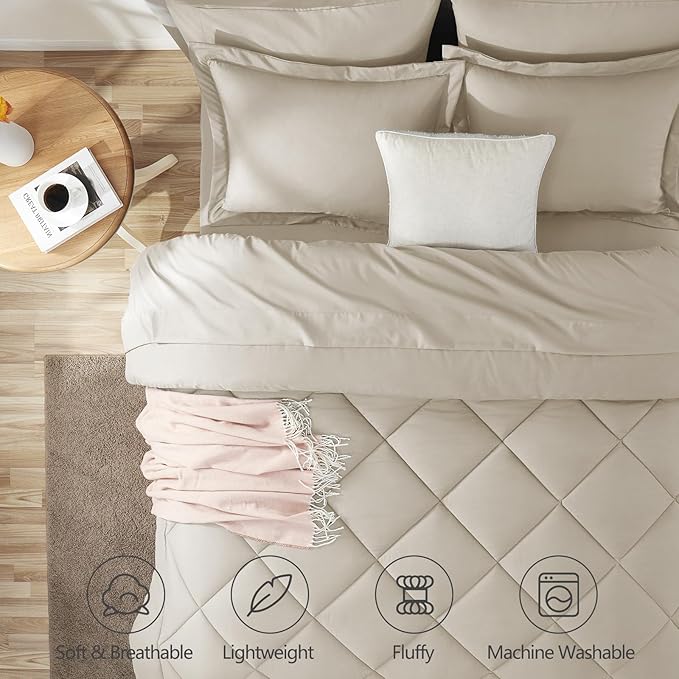 CozyLux King Size Comforter Set Oatmeal - 7 Pieces Bed in a Bag King, Luxury Soft Bed Set for All Seasons, Bedding Set with Down Alternative Comforter, Sheets, Pillowcases & Shams