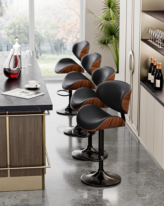 Aowos Bar Stools Set of 4, Adjustable Swivel Bar Stools Mid-Century Modern PU Leather Counter Height Bar Stool for Kitchen Island Bar Chairs with Back (Black)