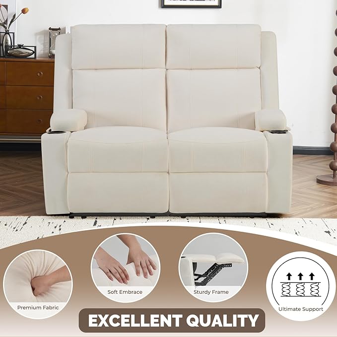 PALLOME Manual Reclining Loveseat Sofa, 2-Seater Recliner Couch with Cup Holders, Fabric Reclining Sofa for Living Room/RV (Cream)