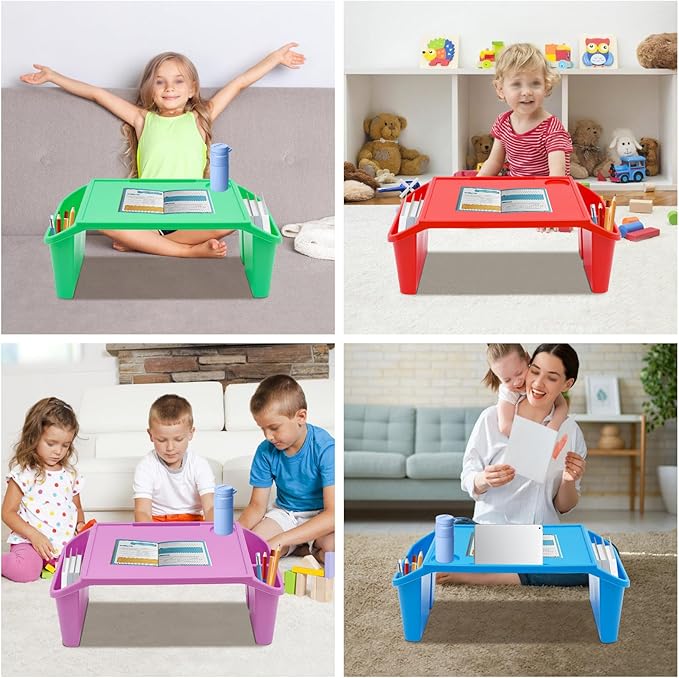 Kids Lap Desk Tray with Side Pockets, Plastic Breakfast Laptop Trays Kids Activity Lap Desk Tray Portable Bed Table Lap Desk for Kids Students Work Study School Classroom (4Pcs, 4 Color A)