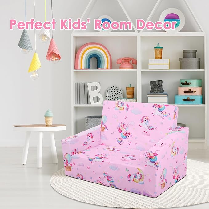 decalsweet Foldable Kids Sofa Couch 2 in 1 Children Convertible Sofa to Lounger Flip Open Toddlers Sofa Bed,Extra Wide Soft Lightweight for Bedroom Livingroom Playroom