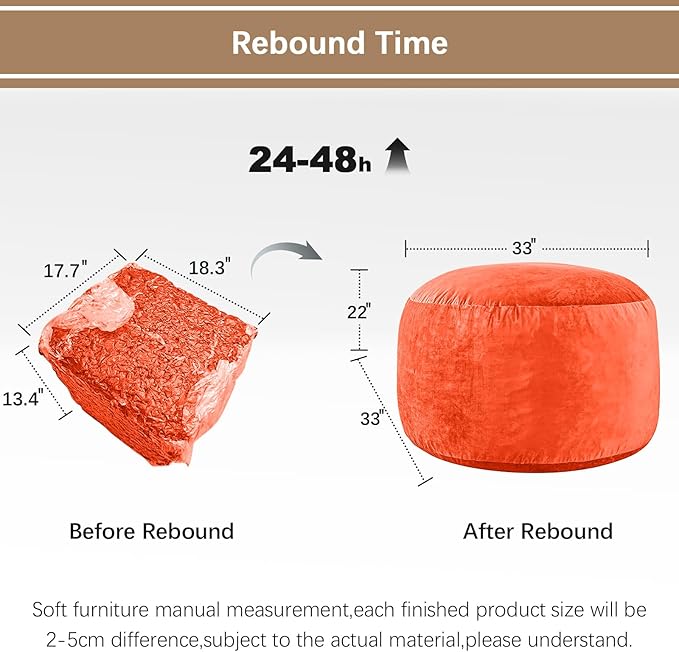 Bean Bag Chairs for Adults - Memory Foam Furniture BeanBag Chair - Kids/Teens Sofa with Soft Micro Fiber Cover - Round Fluffy Couch for Living Room Bedroom College Dorm - 3 ft, Orange