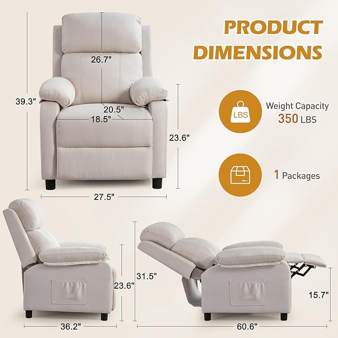 Recliner Chair, Living Room Chairs for Adults, Padded Deep Seat Reading Chair with Side Pockets, Small Recliners for Small Spaces, Lounge Chair for Living Room, Bedroom, and RV (Linen)