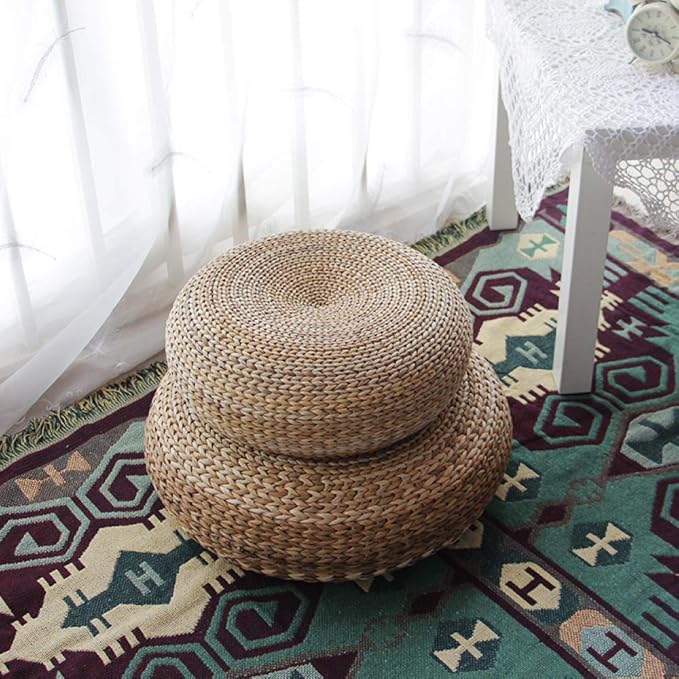 Handwoven Banana Leaf Pouffe Chair - Round Floor Seat with Padded Cushion for Comfort - Eco-Friendly Seating Solution for Home Decor and Relaxation