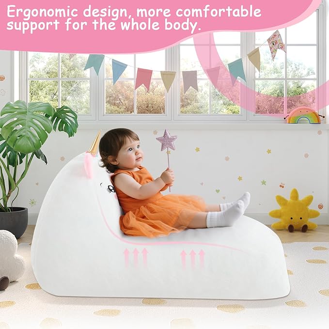 COMAX Unicorn Bean Bag Chairs for Kids, Large Kid Beanbag Chair with Filler, Big Toddler Lounge Bean Chair, Children Lazy Floor Lounger for Girls Boys, White