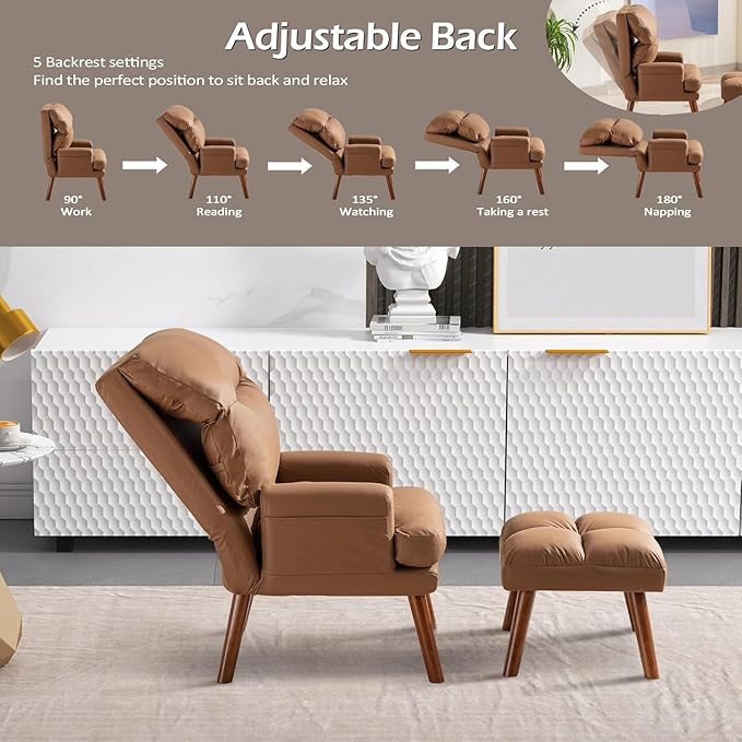 CANMOV Modern Accent Chair with Ottoman Set of 2, Soft Fabric Armchair with Adjustable Backrest and Side Pockets, Comfy Lounge Chair for Living Room, Bedroom, Apartment, Office, Camel