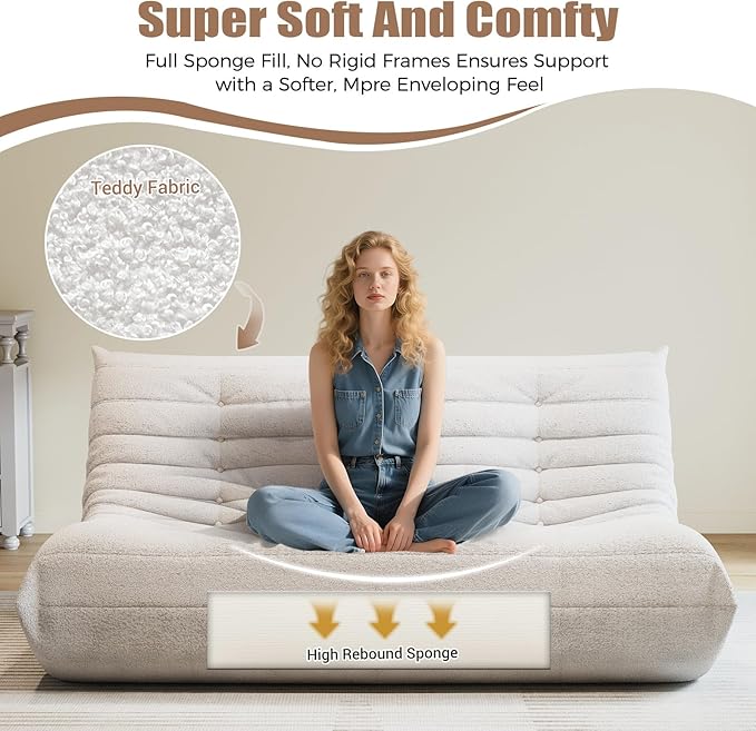 Selyteramy 3 Seat Oversized Bean Bag Chairs for Adults, Memory Foam Fireside Beanbag Couch, Comfy Bean Bag Lounger Lazy Sofa for Living Room, Bedroom, Playroom, White