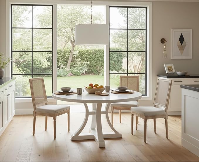 CIMOTA Farmhouse Dining Chairs Set of 2, French Rattan Dining Room Chairs with Rectangle Back/Distressed Wood Upholstered Vintage Side Chairs for Kitchen/Restaurant, Beige/2PCS