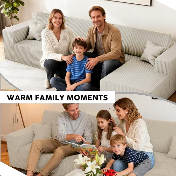 Komusou 142" Boneless Couch, Cloud Modular Sectional Sofa with L-Shape Chaise and Deep Seat, Modern Upholstered Couches for Living Room Bedroom No Assembly Required (Beige, Right Facing Chaise)
