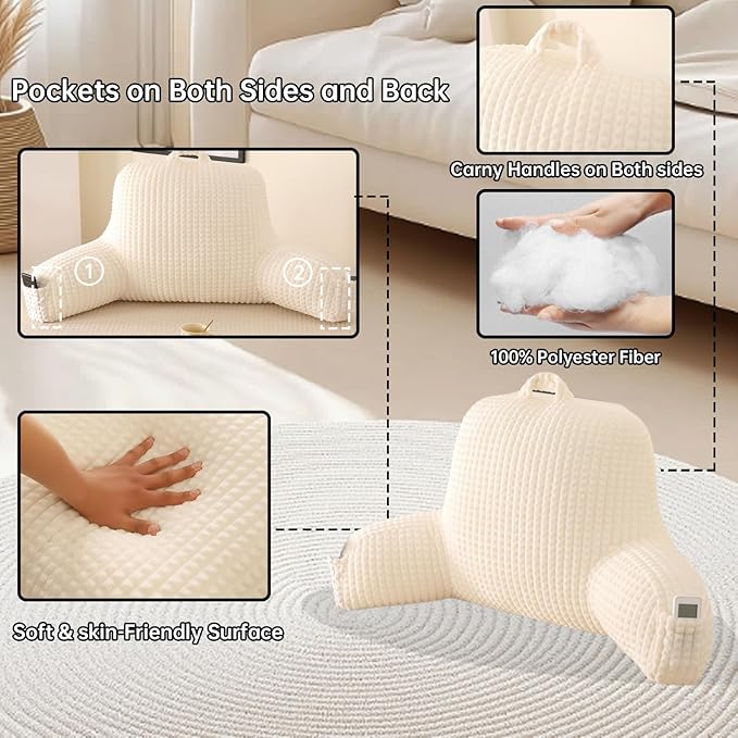 PAJEO Reading Pillow for Sitting in Bed, Large Backrest Reading Pillow with Arm Rest,Back-Rest Support Cushion for Sit Up on Couch, Sofa, and Floor, Dorm Essentials (Cream Flannel, Large(19"))