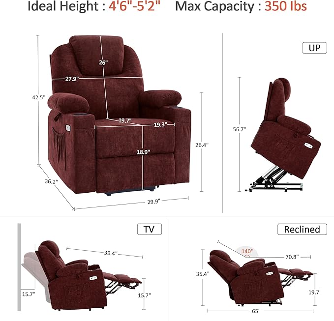 MCombo Small Power Lift Recliner Chair Sofa with Massage and Heat for Petite Elderly, 3 Positions, Cup Holders, and USB Ports, Extended Footrest, Fabric 7141 (Sangria)