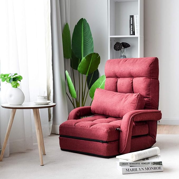 Giantex Folding Floor Chair with 6-Position Adjustable Backrest, Armrests & Removable Pillow, 330Lbs Capacity, Lazy Sofa Armchair, Chaise Lounge Bed, Gaming Recliner for Living Room Bedroom, Red