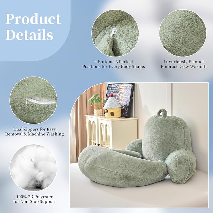 PAJEO Reading Pillow for Bed,U Shaped & Back Support Pillow for Bed,17" Backrest with Lumbar & Arm Support,Luxurious Faux Rabbit Fur,Gaming PillowFor Crochet/Reading/Watching TV,Green