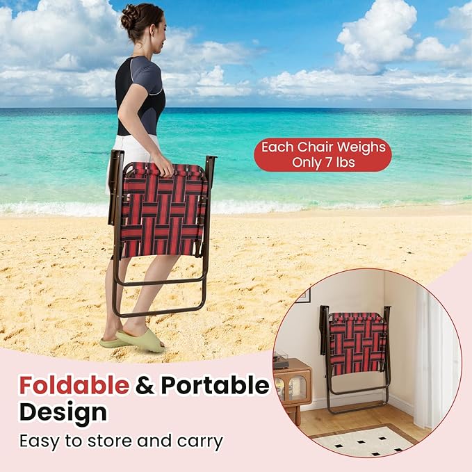 GYMAX Lawn Chair Folding, Webbed Beach Lounge Chairs Set with Highback, Outdoor Portable Lightweight Camping Dinning Chair for Patio, Lawn, Poolside, Sports, Garden, Backyard (6,Red)