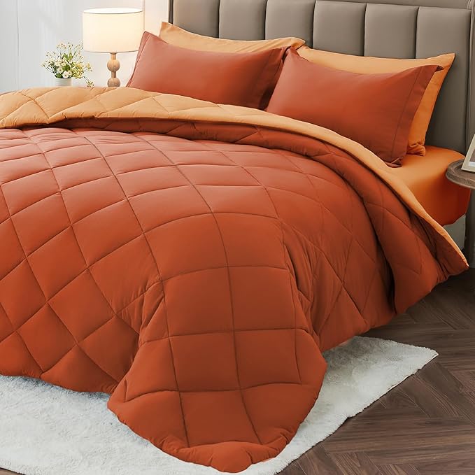 MUXHOMO 7 Pieces California King Comforter Set, Reversible Bed in a Bag Cal King Size, All Season Bedding Set with Comforter, Flat Sheet, Fitted Sheet, Pillowcases & Shams, Burnt Orange & Camel