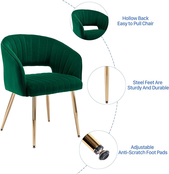 KCC Modern Accent Dining Chairs Set of 6, Upholstered Velvet Dining Room Chairs with Hollow Back, Tufted Kitchen Chairs Side Chairs with Gold Metal Legs for Living Room Restaurant, Green
