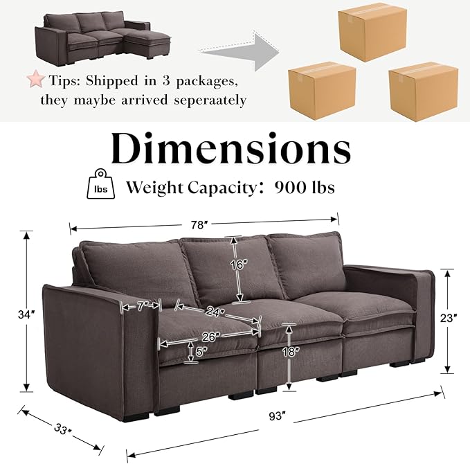 HEAY-YO 93 Inches Modern Modular Sectional Sofa,3-Seater Comfy Couch with High Density Foam and Armrests,Floor Sofa for Living Room Bedroom Apartment,Linen Grey