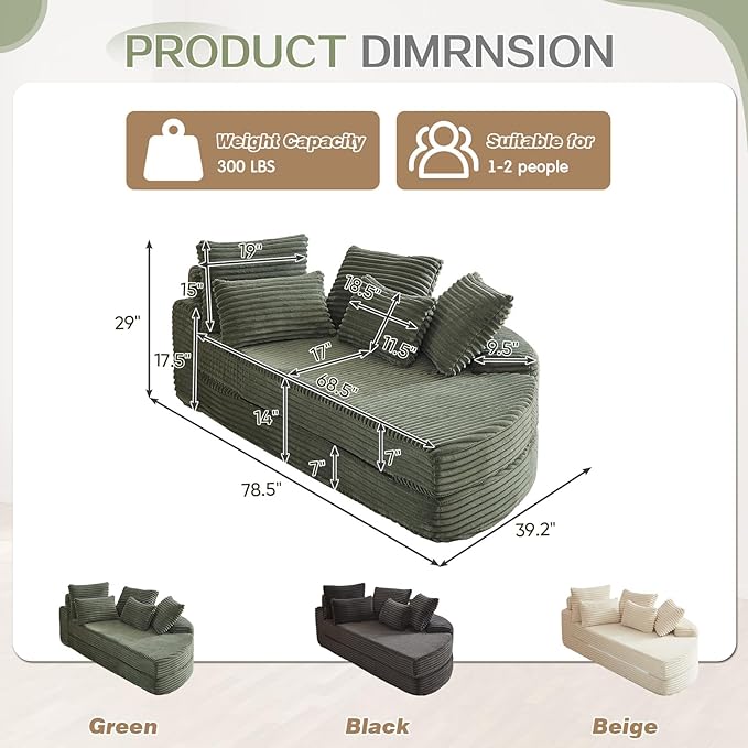 Antetek Chaise Lounge Chair Indoor, Convertible Folding Futon Sofa Bed w/ 5 Pillows, Fluffy Corduroy Boneless Compressed Memory Foam Couch for Living Room, Bedroom (Green, Right Half)