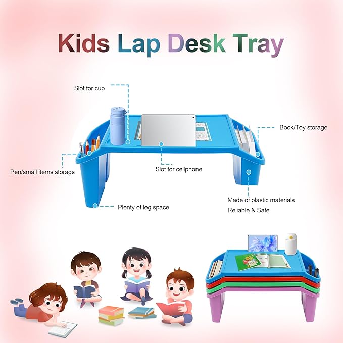 Set of 4 Kids Lap Desk Tray, Portable Activity Table, Plastic, Stackable for Drawing, Writing, Eating, Classroom, 19.69" L x 9.84" W x 7.09" H, Multicolor