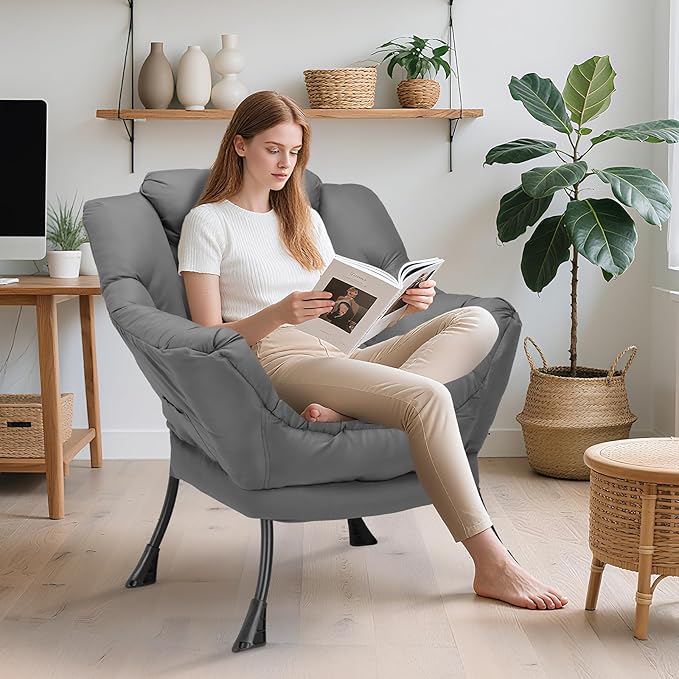 TLSUNNY Lazy Chair, Modern Comfy Lounge Accent Chair, Large Sofa Armchair with a Side Pocket, Leisure Reading Chair for Bedroom, Living Room, Dorm (Dark Grey)