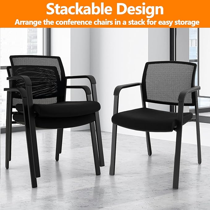 CLATINA Guest Reception Stacking No Wheels Desk Chair, Mesh Back Waiting Room Chairs with Arm Upholstered Fabric Seat and Ergonomic Lumbar Support for Office Conference School Church, Black (1 Pack)