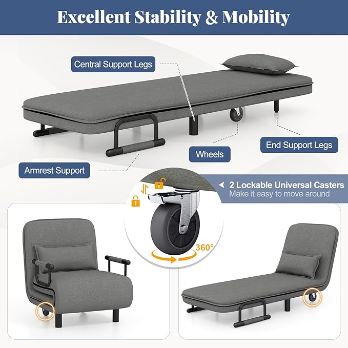 Giantex Convertible Sofa Bed, 3-in-1 Folding Sleeper Chair with 5-Position Adjustable Backrest, Wheels, 2 Legs, Recliner Chaise Lounge with Pillow, Armchairs for Nursery Living Room Office (Gray)
