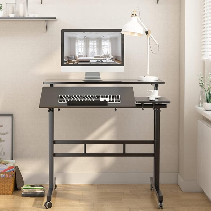 DlandHome Computer Desk, Adjustable Rolling Desk Standing Desk, 31.5L x 23.6W x 26.4-45.3H inch, Black
