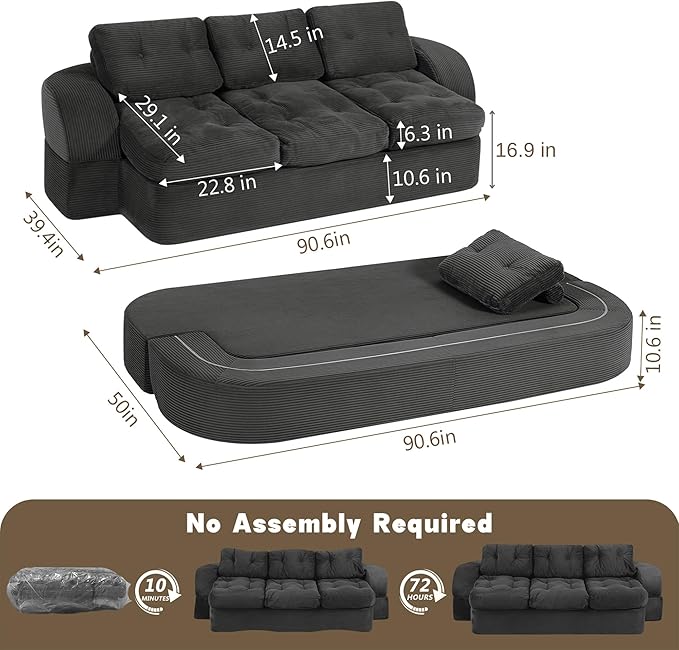 MeMoreCool Convertible Floor Sofa Couch – 3-Seater Sleeper with Tufted Cushions, Dark Grey Corduroy Modular Foam | Cloud Couch for Living Room & Bedroom | No Assembly | Soft Ergonomic Support