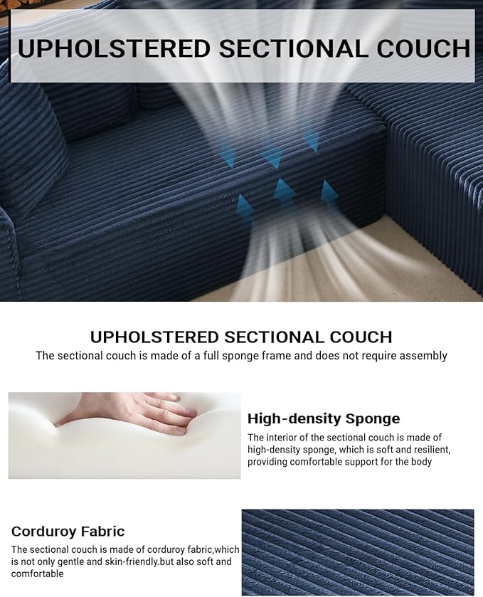 Vanress Cloud Couch Sectional, Corduroy Boneless Couch with L-Shape Chaise, Modern Modular Sectional Sofa Comfy Deep Seat for Living Room, Bedroom, No Assembly (Blue, Left Facing Chaise)