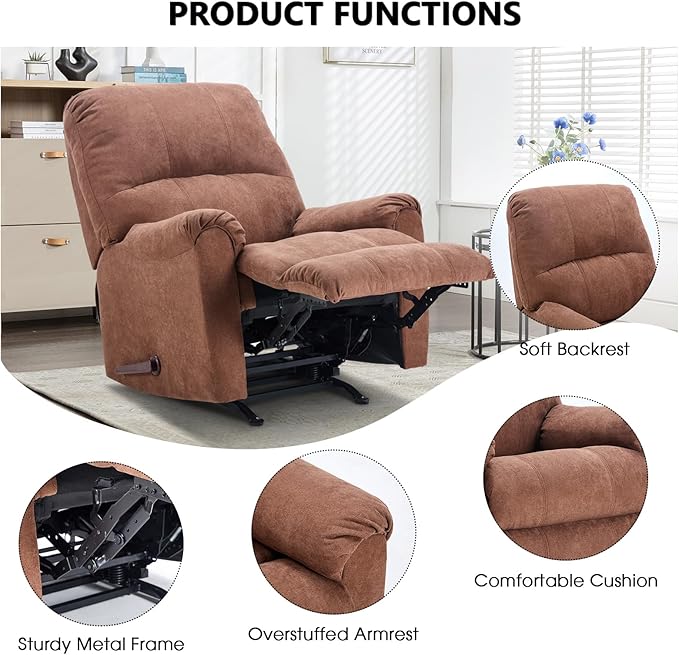 CANMOV Rocker Recliner Chair for Adults,Manual Recliner Chair with Overstuffed Backrest and Armrests, Soft Fabric Manual Rocking Reclining Sofa for Living Room,Brown