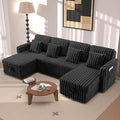 107" Sectional Sleeper Sofa with Pull Out Bed, Comfy Fluffy Plush Corduroy Cloud Sectional Couches for Living Room, U Shaped Modular Couch with Storage Chaise, Cup Holder & USB Charger, Black