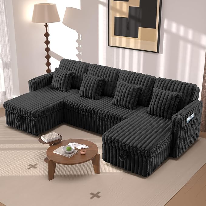 107" Sectional Sleeper Sofa with Pull Out Bed, Comfy Fluffy Plush Corduroy Cloud Sectional Couches for Living Room, U Shaped Modular Couch with Storage Chaise, Cup Holder & USB Charger, Black