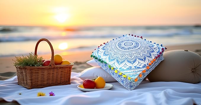 CRAFT KALA 18" Square Large Hippie Mandala Meditation Floor Ottoman Pillow Cushion Pouf Cover Square Poufs Bohemian Circle Floor Cushion Case Outdoor Fireplace Yoga Living Room Decor Cover Blue Ombre