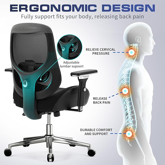 700lbs Big and Tall Office Chair for Heavy People Ergonomic Mesh Desk Chair with Wide Thick Seat Cushion, Adjustable Lumbar Support and 4D Armrests for Aitting All Day