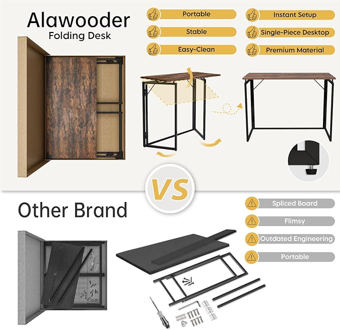 Folding Desk - 39.4” Wood Top Foldable Desk for Small Spaces | No Assembly Required Compact Desk for Home Office, Writing, and Study