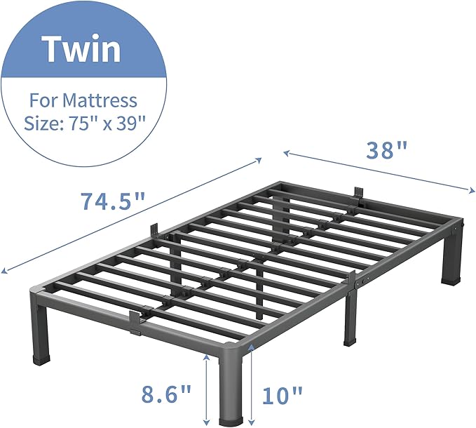 VIPSHOW 10 Inch Twin Size Bed Frame, 3500Lbs Heavy Duty Metal Platform with Round Corner Legs Mattress Slide Stopper, Steel Slat Support No Box Spring Needed, Noise Free, Non-Slip, Easy Assembly